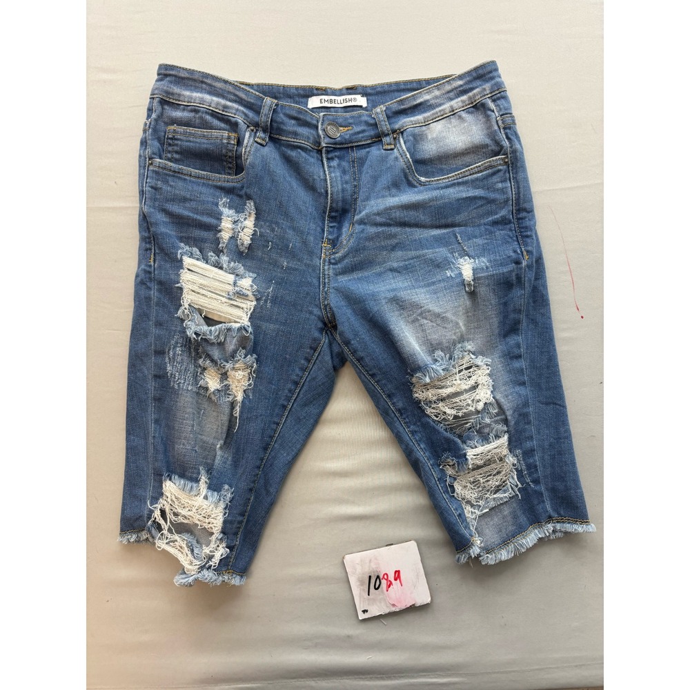 Embellish NYC Mens Distressed Denim Shorts Blue Medium Wash Ripped Frayed Sz 32